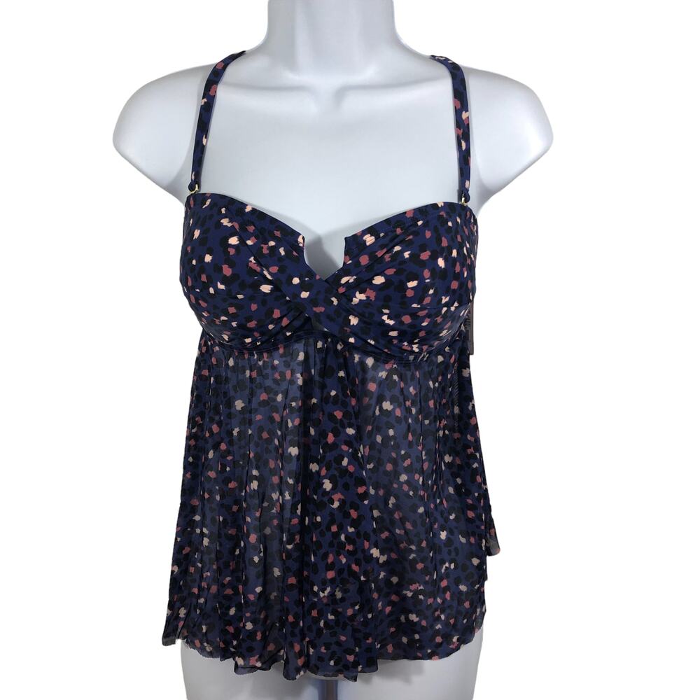 Kona Sol Women's SZ XS(0-2) Baby Doll Swim Fashion Top Navy Print with Mesh NWT‎
